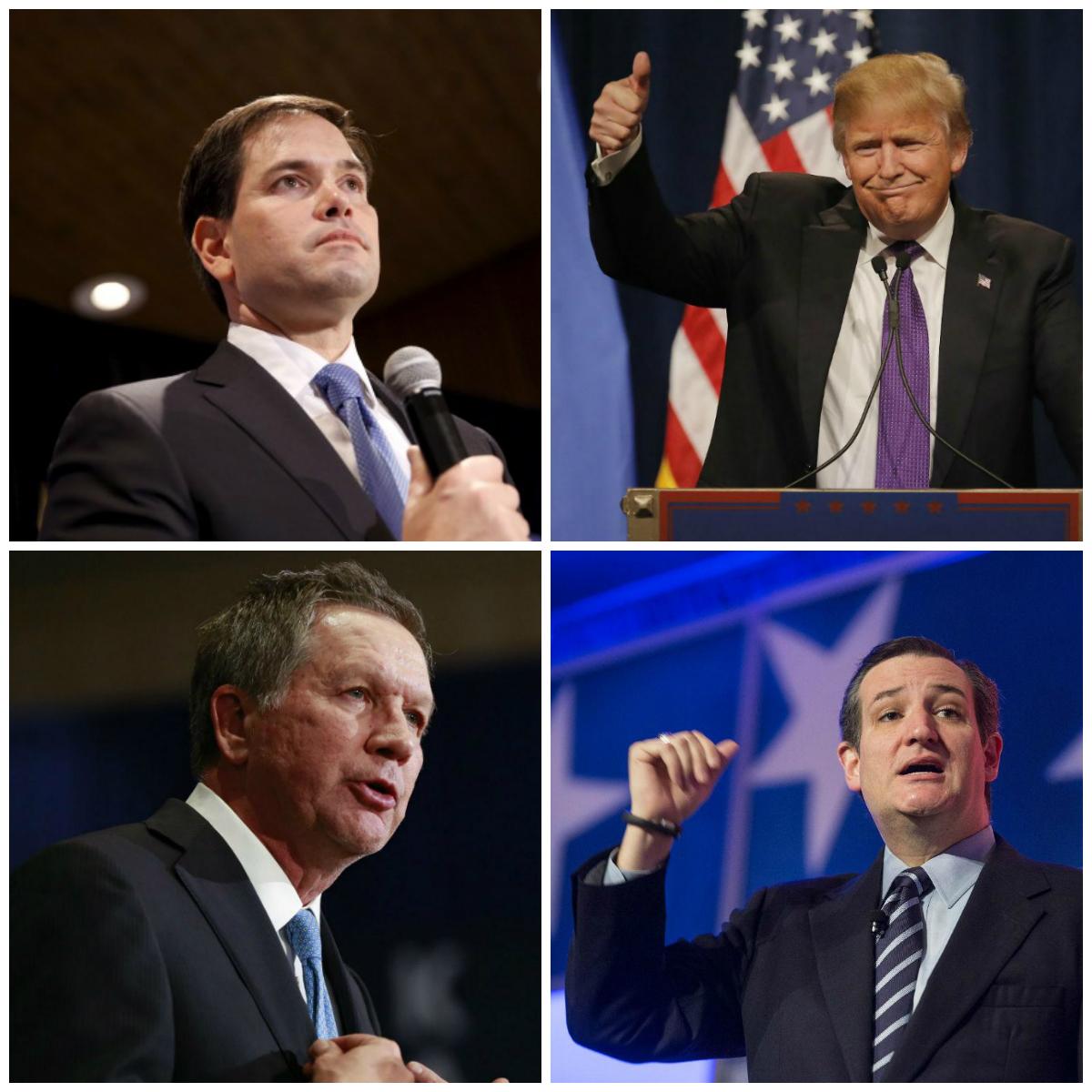 Marco Rubio (C-E), Donald Trump (C-D), John Kasich (B-E) e Ted Cruz (B-D)