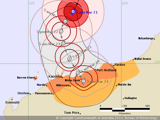Trajetória do Ciclone Verônica. Fonte: Australian Government Bureau of Meteorology