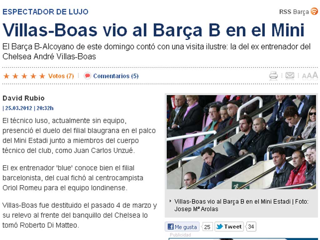 Villas-Boas viu jogo do Barça B (sport.es)