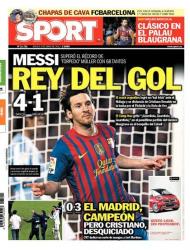 «Sport»: na Catalunha, o destaque é o Messi, aqui «o Rei do golo»; o Real campeão é destaque pelo gesto de CR
