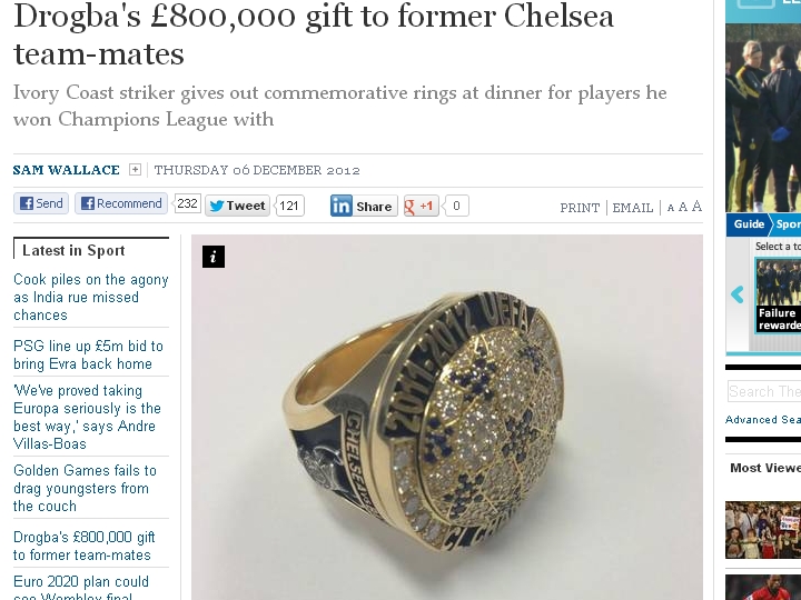 O anel que Drogba ofereceu, imagem publicada no Independent