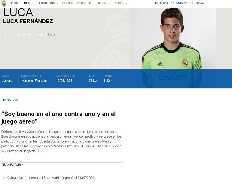 Luca Zidane, 15 anos (a sua página no site oficial do Real Madrid)