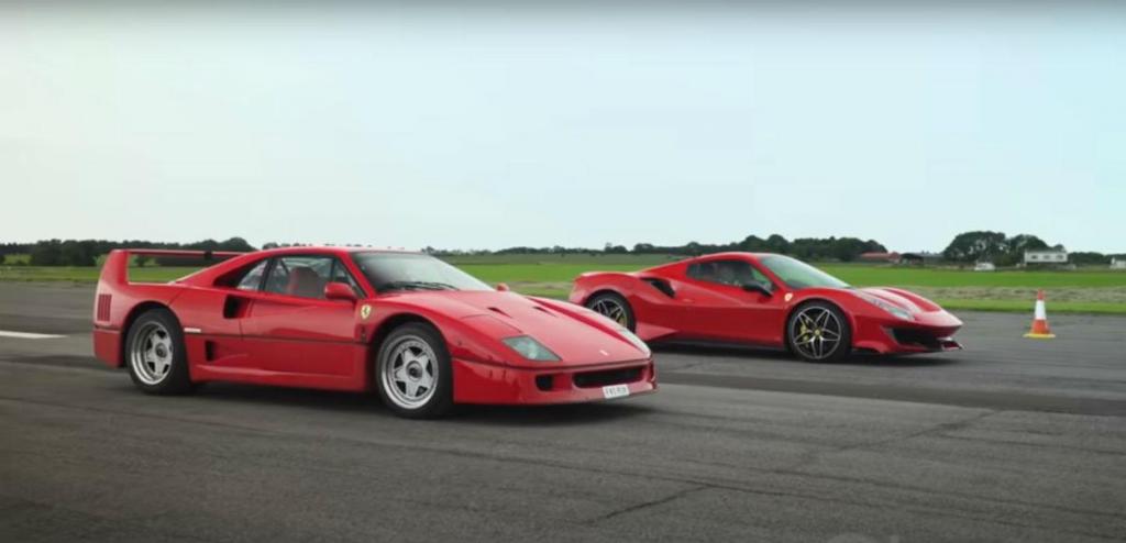 Drag race entre Ferrari F40 e 488 Pista (reprodução YouTube «Lovecars»)