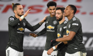 Sheffield United-Manchester United: Alex Telles, Rashford, Bruno e Martial festejam golo dos visitantes (EPA)