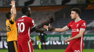 Diogo Jota festeja com Sadio Mané o 0-1 no Wolverhampton-Liverpool (Paul Ellis/AP)
