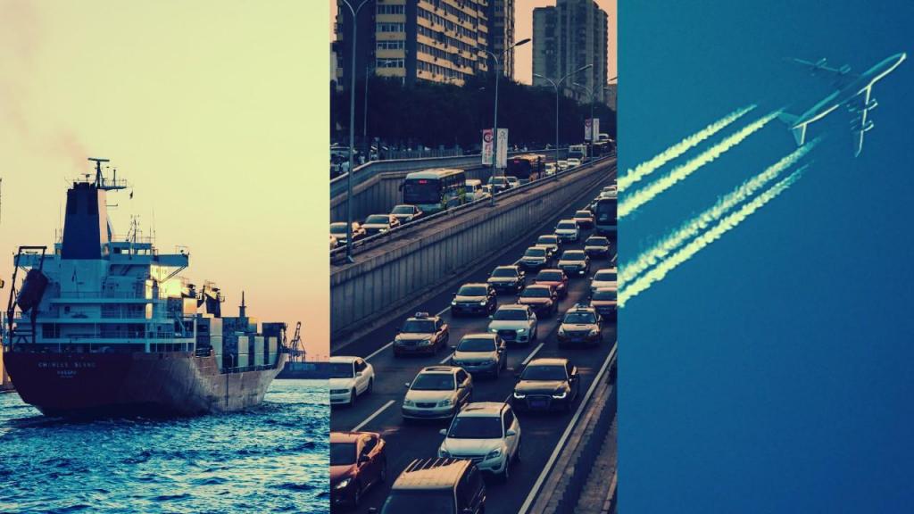 Poluição barcos, carros e aviões
