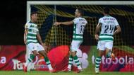 Matheus Nunes festeja com Sarabia o 0-1 no Arouca-Sporting (LUSA)