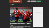 Milan-FC Porto, 1-1: «Milan por um fio: só 1-1 com o FC Porto» [Tuttosport]