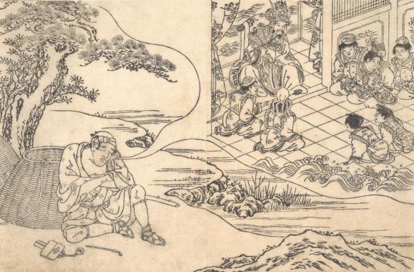 Gravura em madeira de um pescador a sonhar, cerca de 1700, Japão. O artista é desconhecido. Foto: Heritage Images/Hulton Archive/Getty Images