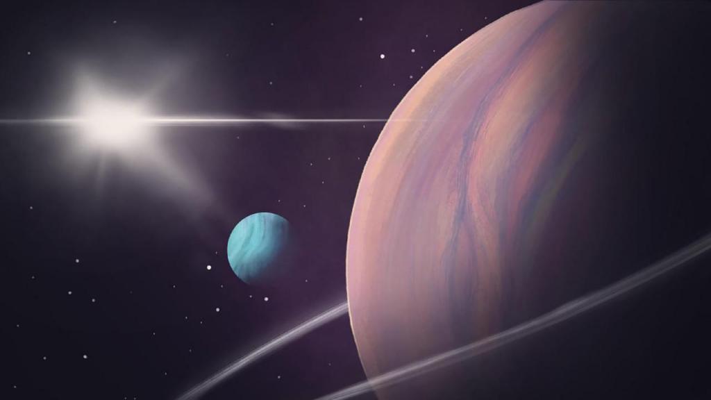 Astrónomos detetaram uma segunda candidata a exolua (na imagem a azul) a orbitar um exoplaneta gigante (à direita) a mais de 5000 anos-luz da Terra.