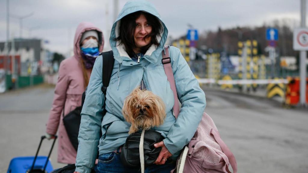 Duas mulheres que fugiram do conflito na Ucrânia chegam à fronteira de Medyka na Polónia, acompanhadas do animal de companhia. (AP Photo/Visar Kryeziu)
