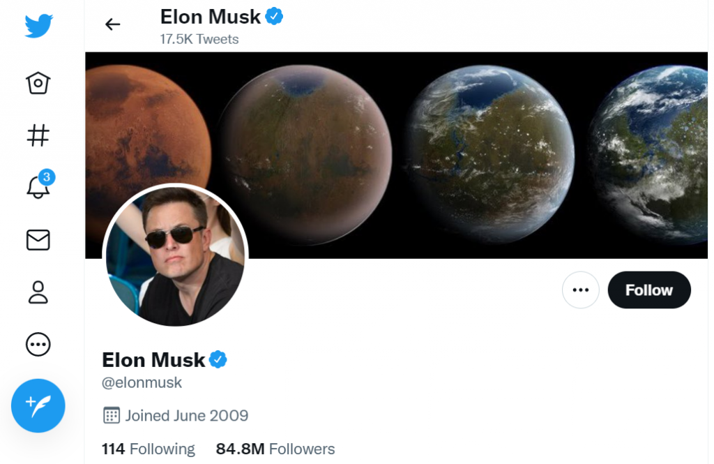 Página de Elon Musk no Twitter