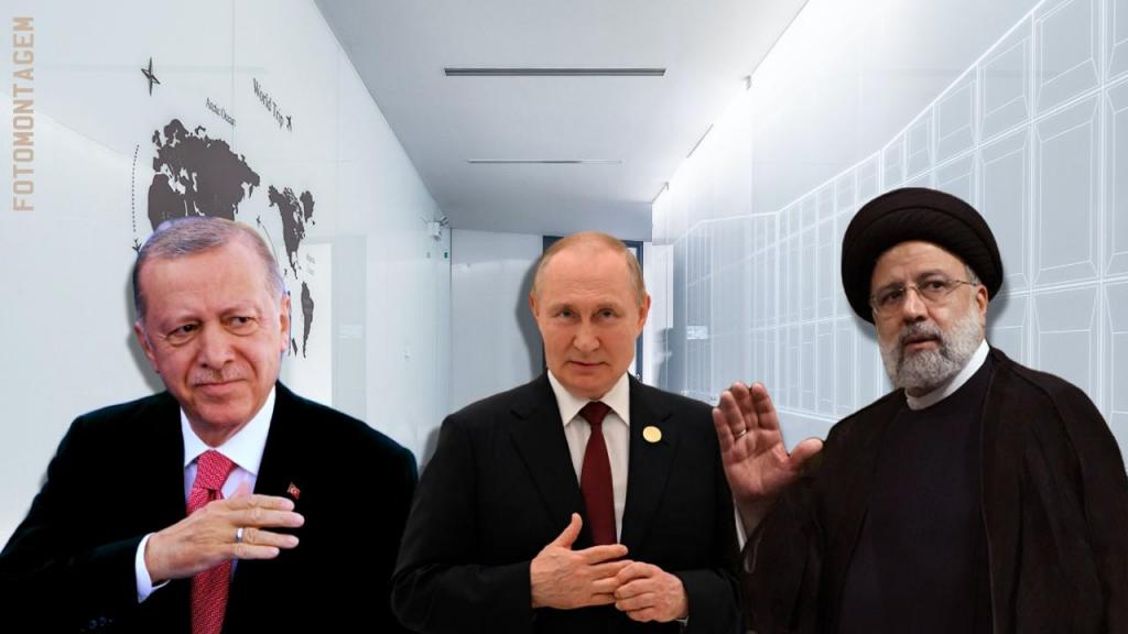 Erdogan (Turquia), Putin (Rússia) e Raisi (Irão) - Fotomontagem