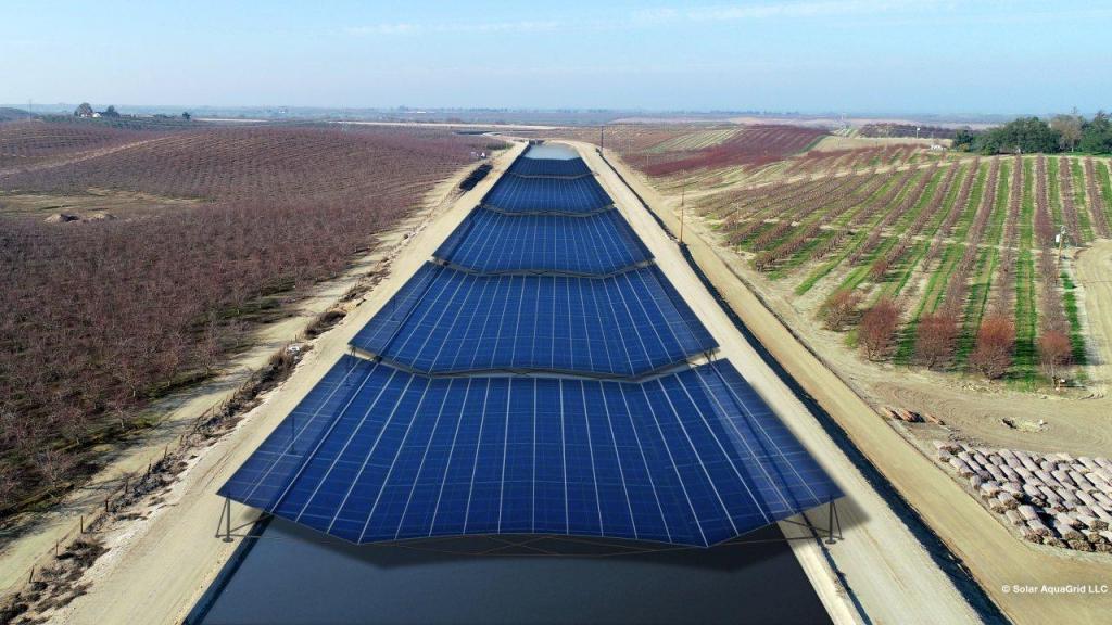 Renderização dos painéis solares sobre os canais da Califórnia (imagem: Solar AquaGrid)