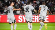 Pablo Sarabia, Lionel Messi e Kylian Mbappé festejam golo no Nantes-PSG