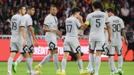 Sarabia, Mbappé, Vitinha, Marquinhos e restantes colegas festejam golo do PSG ante o Nantes
