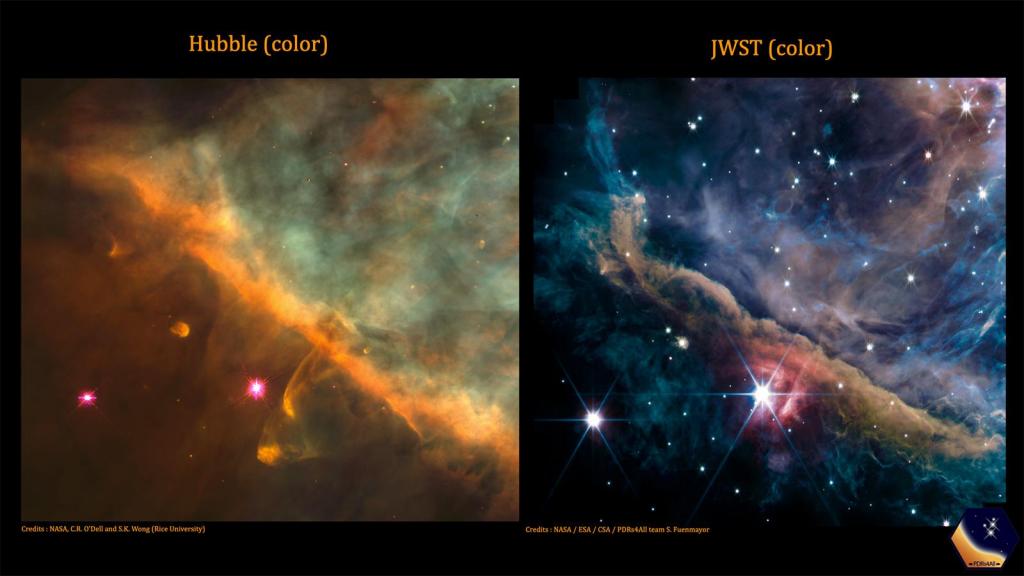A nebulosa de Órion captada pelo Telescópio Espacial Hubble, à esquerda, e pelo Telescópio Espacial James Webb, à direita