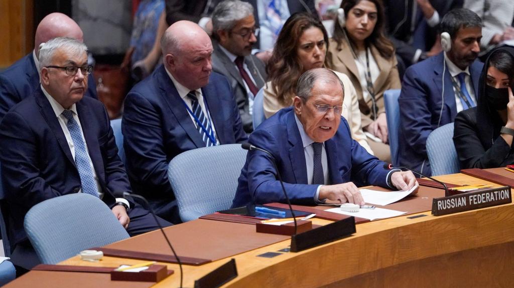 Lavrov discursa na reunião do Conselho de Segurança da ONU, em Nova Iorque. 22 setembro 2022. Foto: AP Photo/Mary Altaffer