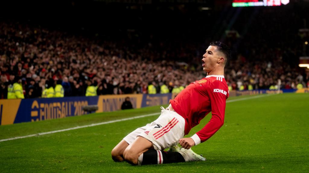 Cristiano Ronaldo celebra depois de marcar pelo Manchester United contra o Brighton & Hove Albion. 22 fevereiro 2022. Foto: Ash Donelon/Manchester United via Getty Images
