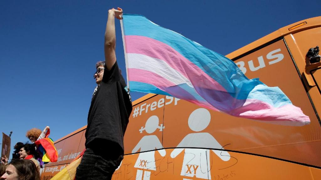 Jovem com a bandeira da comunidade transgénero (AP Photo/Steven Senne)