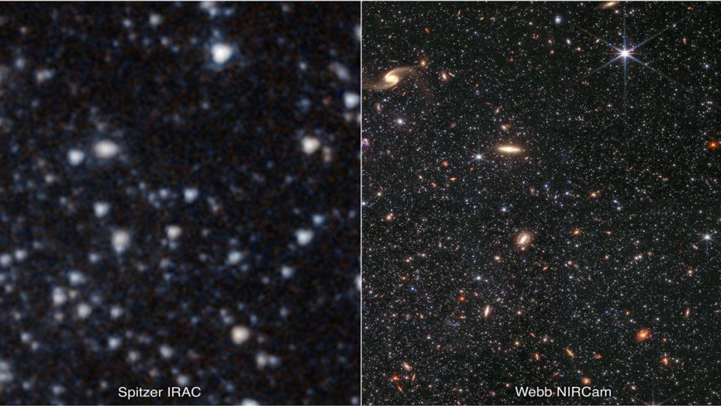 Uma porção da galáxia anã Wolf-Lundmark-Melotte é mostrada, tal como capturada pelo Telescópio Espacial Spitzer (esquerda) e pelo Telescópio Espacial James Webb. A imagem do Webb mostra muito mais detalhes (NASA/ESA/CSA/IPAC/Kristen McQuinn)