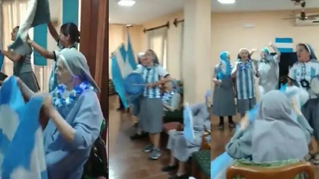 Até um grupo de freiras se juntou à festa da Argentina