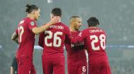 Darwin Núñez, Andy Robertson, Thiago Alcântara e Fábio Carvalho festejam o 1-1 no Manchester City-Liverpool (Jon Super/AP
