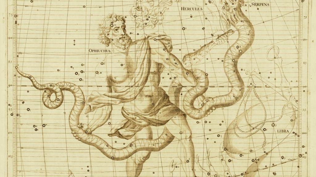 Uma representação da constelação de Serpentário (ou Ophiuchus) concebida pelo astrónomo John Flamsteed, em 1729. (Buyenlarge/Getty Images)