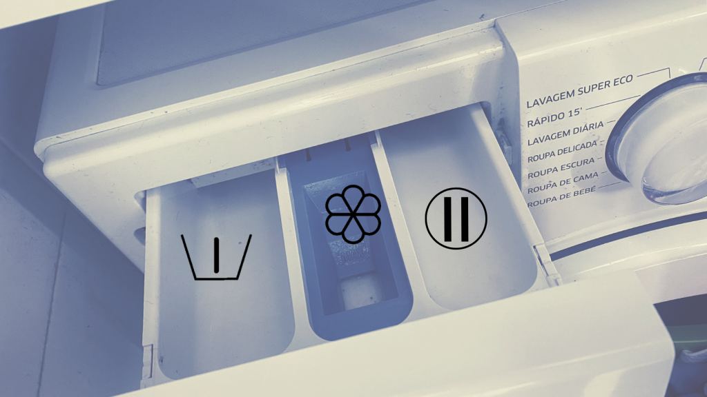 Símbolos dos três compartimentos da máquina de lavar roupa
