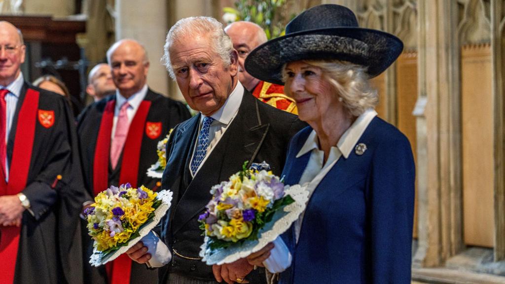 Rei Carlos III e a rainha consorte, Camilla, num evento na Catedral de York. 6 de abril 2023. Foto: Charlotte Graham - WPA Pool/Getty Images