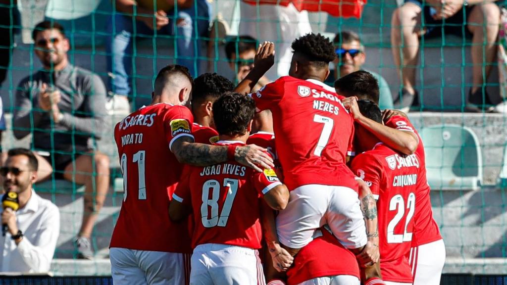 Morato, João Neves, Neres e Chiquinho, todos de costas, festejam golo com os restantes companheiros no Portimonense-Benfica (Filipe Farinha/Lusa)