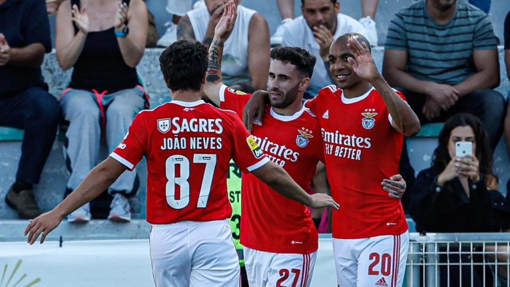 João Neves, Rafa Silva e João Mário festejam golo no Portimonense-Benfica (Filipe Farinha/Lusa)
