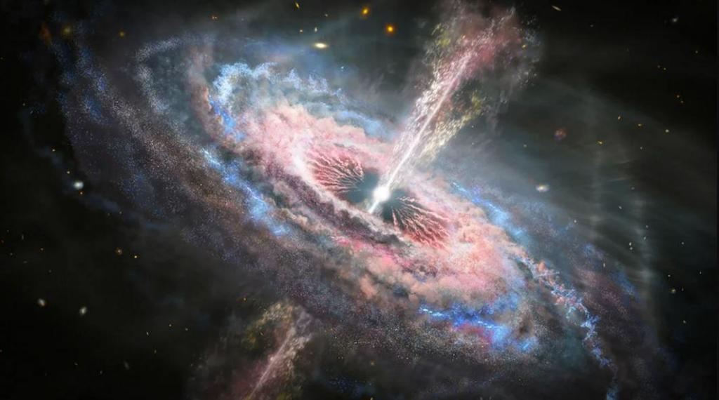Ilustração mostra uma galáxia distante com um quasar ativo no seu centro. Um quasar é excecionalmente brilhante porque liberta toneladas de energia que é gerada quando um buraco negro supermassivo devora gás, poeira e objetos celestes. NASA, ESA e J. Olmsted (STScI)