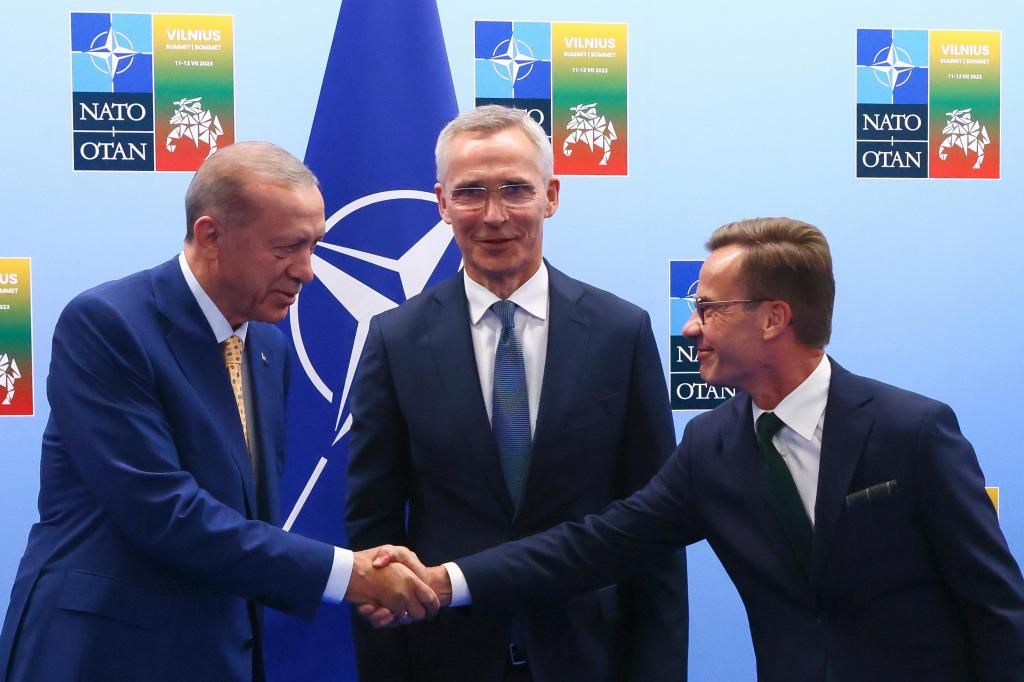 O presidente da Turquia, à direita, o secretário-geral da NATO no meio e o primeiro-ministro da Suécia à esquerda (Yves Herman, Pool Photo via AP)