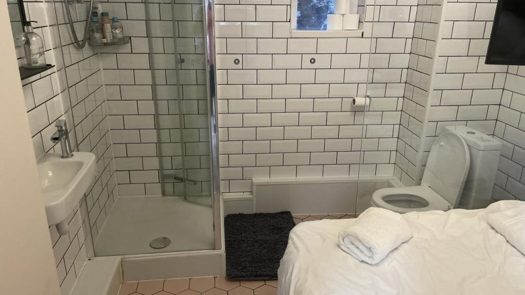 Casa de banho com cama do Airbnb Foto: David Holtz, Twitter