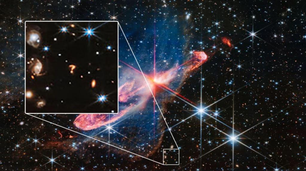 Objeto em forma de ponto de interrogação poderá ser a interação de duas galáxias, segundo os especialistas. NASA/ESA/CSA/Joseph DePasquale (STScI)