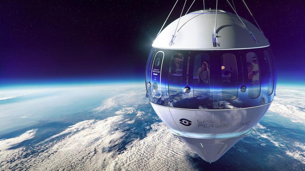 Voos ao espaço turismo espacial A nave espacial em balão Neptune ou Neptuno está em desenvolvimento. A empresa espera começar a iniciar voos comerciais em 2024. Foto Space Perspective e Space VIP 
