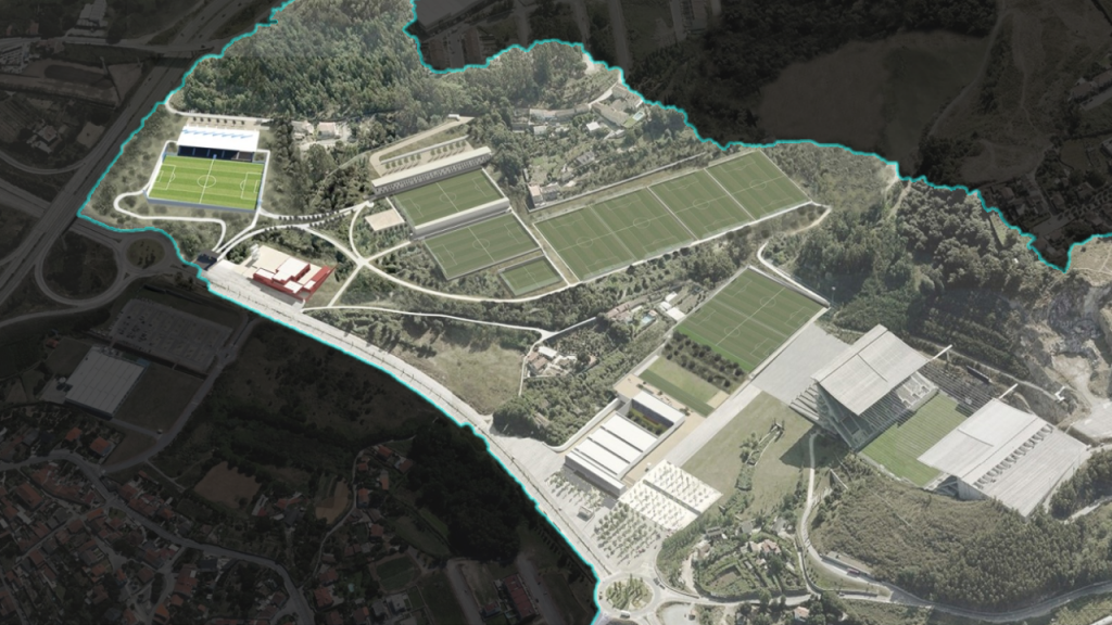 Uma vista aérea do projeto da Cidade Desportiva do Sp. Braga, com o Estádio