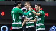 Champions de futsal: Tomás Paçó, Sokolov e Merlim festejam golo no Sporting-Loznica (Foto: Sporting CP)