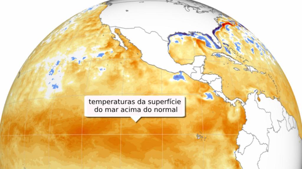 As anomalias da temperatura da superfície do mar são mostradas na área do leste do Oceano Pacífico onde um El Niño muito forte está presente na quarta-feira, 7 de fevereiro de 2024. Os laranjas mais escuros representam condições mais quentes do que o normal, enquanto os azuis representam condições mais frias do que o normal. Estas temperaturas oceânicas ajudam a determinar a força do El Niño. (CNN Weather)